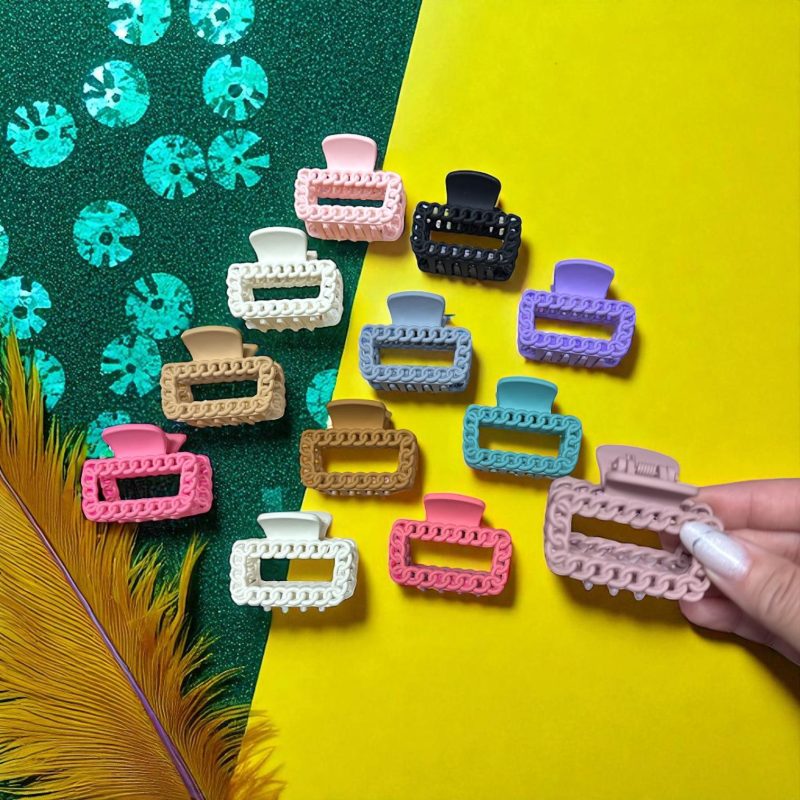 Clești de păr siliconați mat – model rectangular cu lanț – set 12 culori pastel
