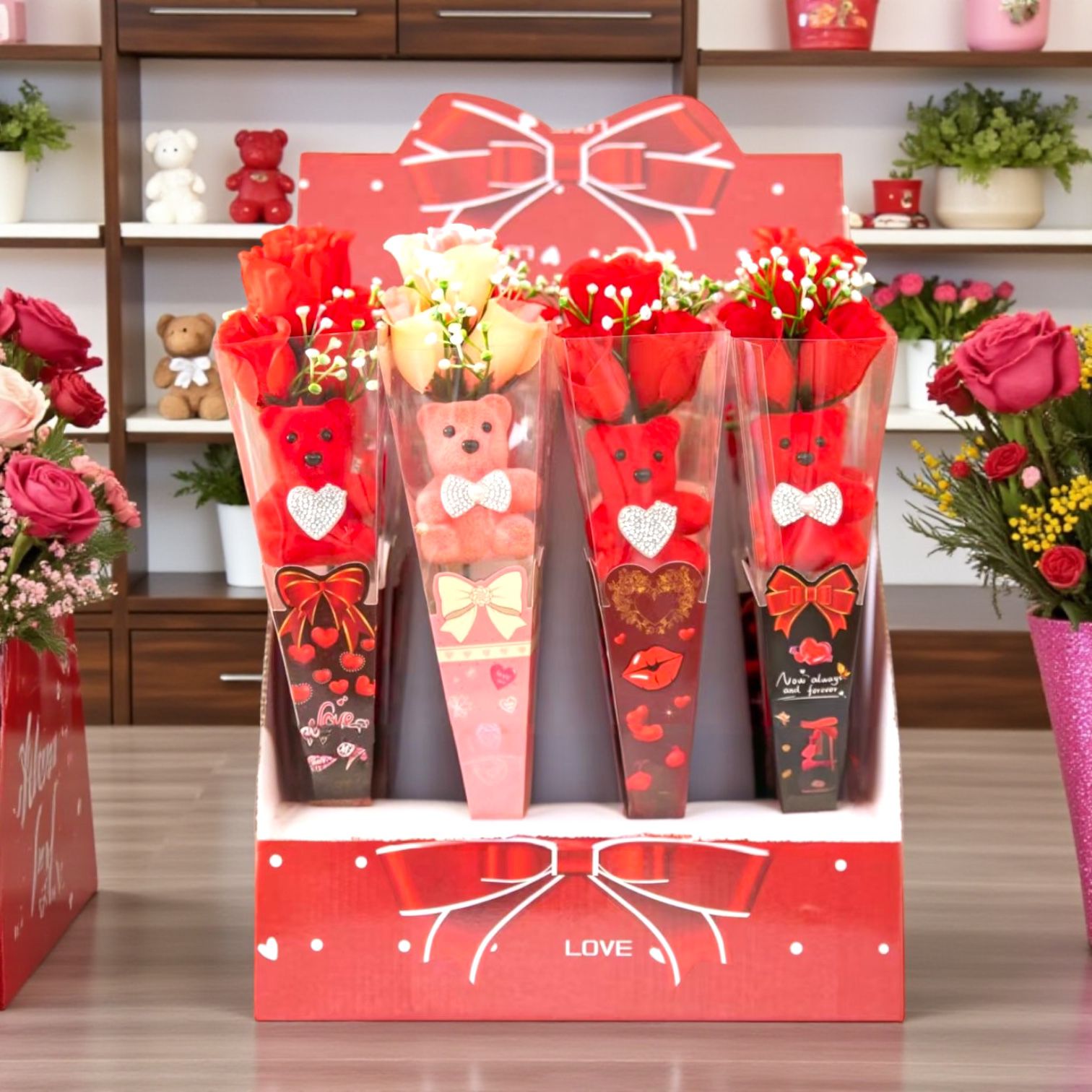 Aranjament floral cu ursuleț și trandafiri din flori de săpun – 30x7 cm