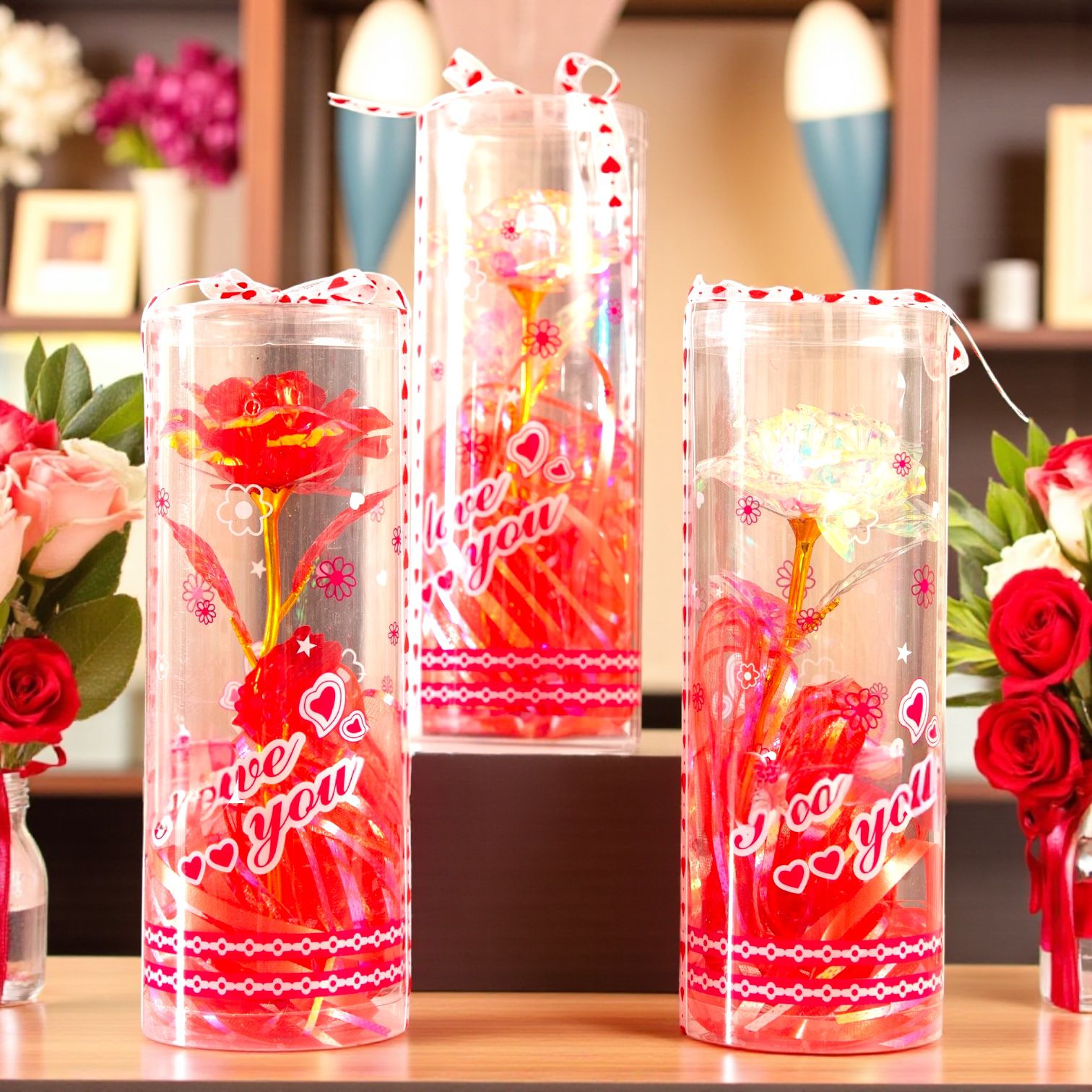 Cutie cadou cilindrică cu floare decorativă colorată – 22x10 cm