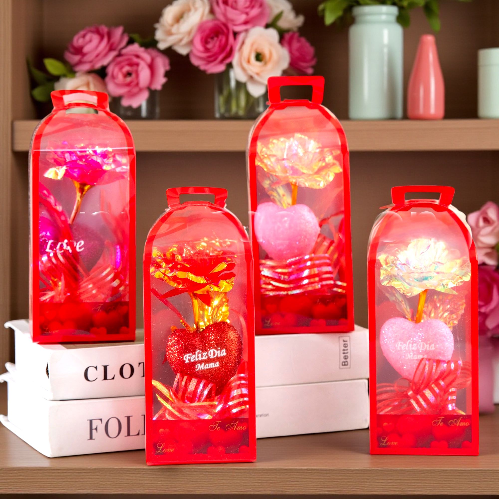 Cutie cadou cu floare decorativă, inimă glitter și fundiță – 18x8 cm