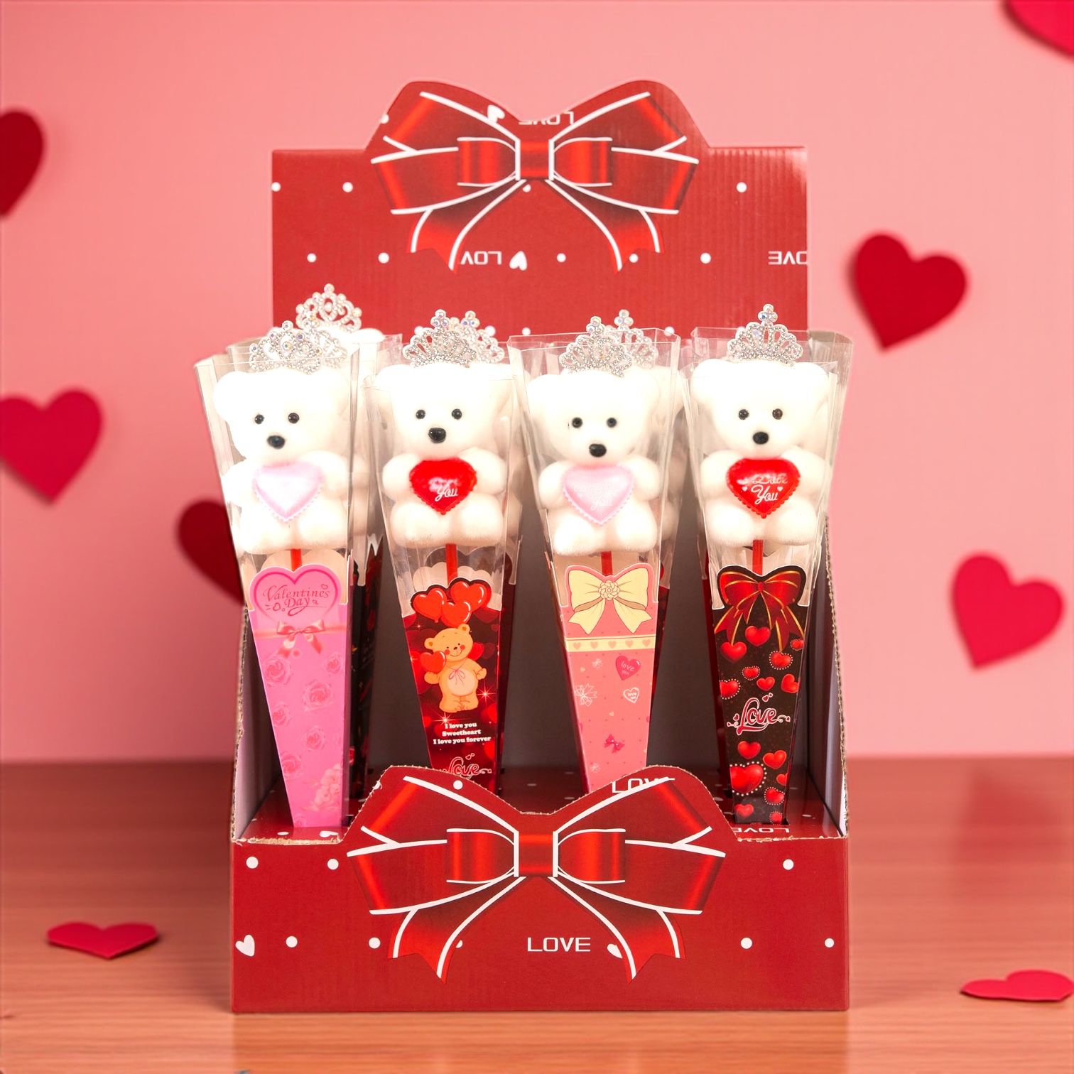 Ursuleț cu coroniță în con decorativ – roșu / roz – cadou elegant pentru 1 și 8 Martie, Ziua Femeii – Cod I394