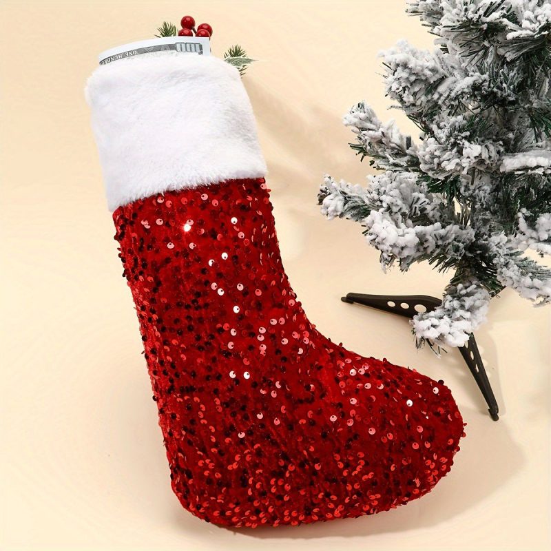 Ciorap Crăciun roșu 45 cm – model cu paiete și blăniță albă