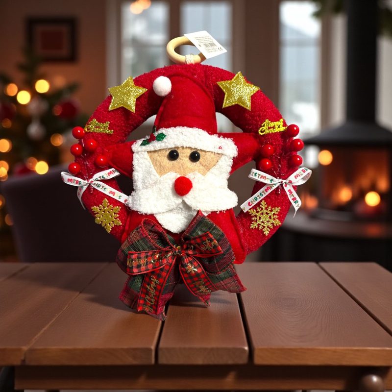 Coroniță Crăciun 26 cm – model Moș Crăciun cu fundă și stele aurii